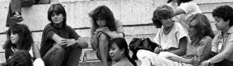 Columbia College freshmen women on the Low Library steps, August 29, 1983