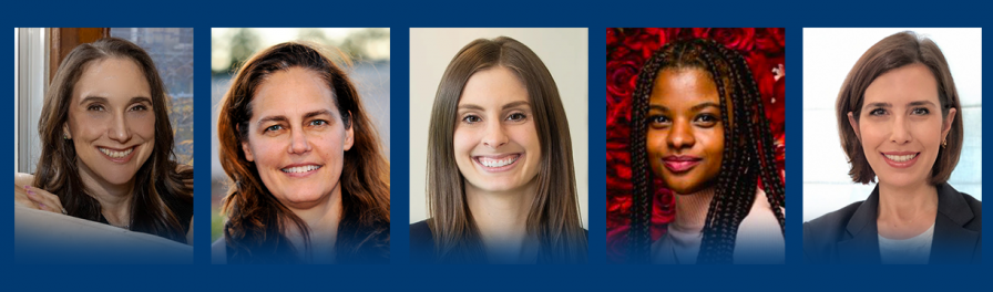 CCW Signature Event 2024 alumnae panelist headshots: Ishwara Glassman Chrein CC’02 SIPA’03, Devon Martin CC’90, Katie Meili CC’13, Nzingha Prescod CC’15, and Sam Marchiano CC’89