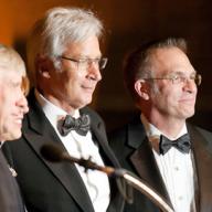 University Trustee Jonathan D. Schiller ’69 (second from right) is awarded the Alexander Hamilton Medal, the College’s highest honor, for distinguished service to the school. Attendees pledged more than $850,000 for financial aid at the 2012 Alexander Hamilton Award Dinner.