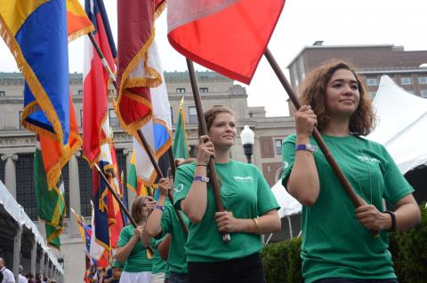 The Class of 2017 was welcomed to Columbia at Convocation. Members of the New Student Orientation Program committee carried flags showcasing all of the nations represented in the undergraduate student body. Photo: Eileen Barroso