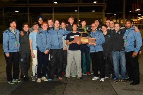 Men’s Fencing, which was ranked as high as No. 1 in the nation during the regular season, tied for the league title, with Columbia winning two bouts nearly simultaneously with Harvard on adjacent fencing strips at the Ivy League Round Robins in Providence, Rhode Island. Photo: Courtesy Columbia University Athletics