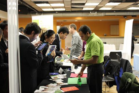 An employer reviews a student's resume during CCE's Spring Career Fair in Lerner Hall, which attracted more than 1,300 students and alumni. Photo: Katie Taflan