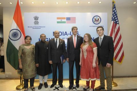 Columbia Experience Overseas intern Ben Harris ’14 (far right) and other students met with Secretary of State John Kerry and others at the India-U.S. Higher Education Dialogue in June in New Delhi. The CEO program expanded into Mumbai during summer 2013, bringing the total number of countries that offer international internships to seven. CEO interns gain valuable international work experience and connect with alumni mentors while abroad. 