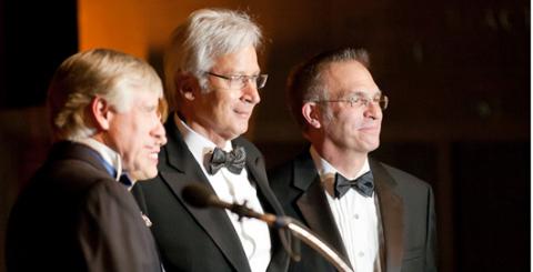 University Trustee Jonathan D. Schiller ’69 (second from right) is awarded the Alexander Hamilton Medal, the College’s highest honor, for distinguished service to the school. Attendees pledged more than $850,000 for financial aid at the 2012 Alexander Hamilton Award Dinner.