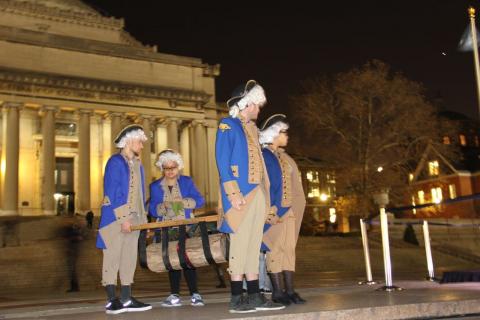 Columbia students celebrated the annual Tree Lighting and Yule Log ceremony with a capella music, hot beverages and remarks by Dean James J. Valentini.