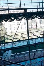 The Lerner Atrium, the pulsating glass and steel heart of the student center