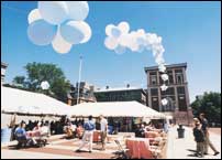 Balloons and tents at Low Plaza