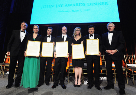 (Left to right) Interim Dean James J. Valentini; Ellen Gustafson ’02; Daniel S. Loeb ’83; Ben Horowitz ’88; Dede Gardner ’90; Li Lu ’96, ’96L, ’96 Business; and President Lee. C. Bollinger.  PHOTO: EILEEN BARROSO 