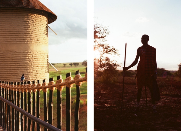 Two images where the left image features a superb starling sitting on a fence at the Salt Lick Safari Lodge in Tsavo West National Park in Kenya. The right image is a Maasai warrior David Kanai at the Kuku Group Ranch in Amboseli National Park