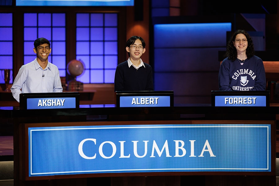 Columbia University College Bowl contestants Akshay Manglik CC’25, Albert Zhang CC’24, and Forrest Weintraub CC’24