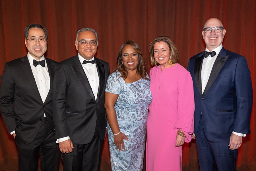 Raymond Yu CC'89, SEAS’90; Dr. Ashish K. Jha CC'92; Alicia D. Guevara CC'94; Anna Brockway CC'92; and Victor Lopez-Balboa CC’82 posing together at the 2023 John Jay dinner