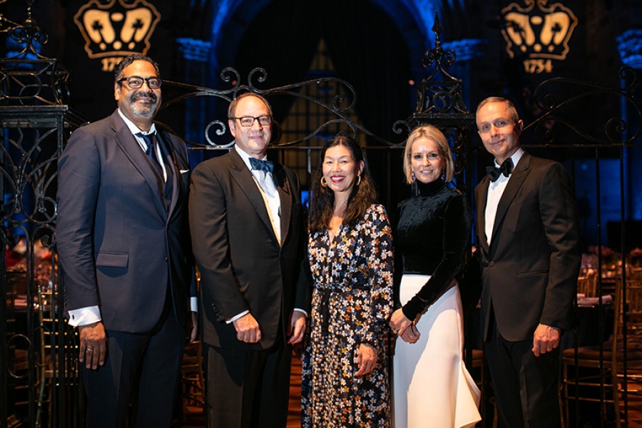 The 2024 John Jay Award honorees (left to right): Dane E. Holmes CC’92, Jonathan D. Bram CC’87, Ai-jen Poo CC’96, Dr. Jennifer Ashton (née Garfein) CC’91, VPS’00, HN’16, and Anthony “Tony” Tutrone CC’86.