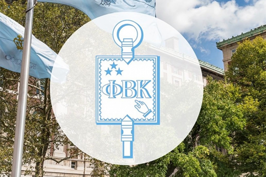 Phi Beta Kappa key graphic imposed over a photo trees and Hamilton Hall in the background.