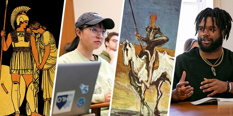 Images representing the Iliad, and Don Quixote, and students in class discussions.