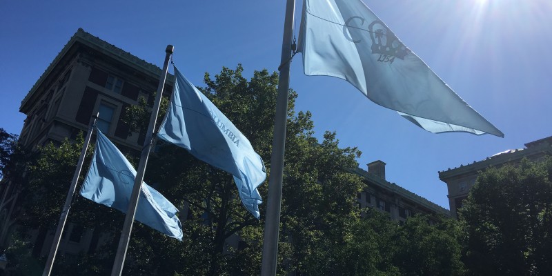 Columbia College flags in front of Hamilton Hall