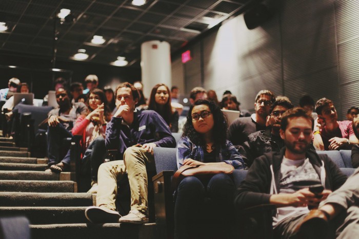 The audience on October 6 at CORE's joint panel discussion with Jared Hecht CC Jared Hecht CC ’09 of messaging app GroupMe, Zach Sims, formerly CC ’12, of interactive coding platform Codecademy, and Alexis Ohanian of Reddit. PHOTO: Jacqueline Luo