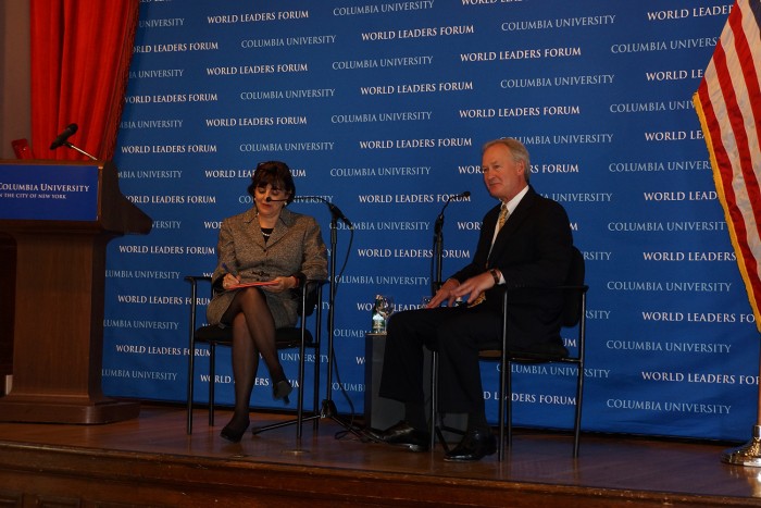 Ester Fuchs, professor of international and public affairs at SIPA, with Rhode Island Governor Lincoln Chafee at an event jointly sponsored by Voting Week, the Department of Policial Science and the World Leaders Forum. Photo: Kevin Gully