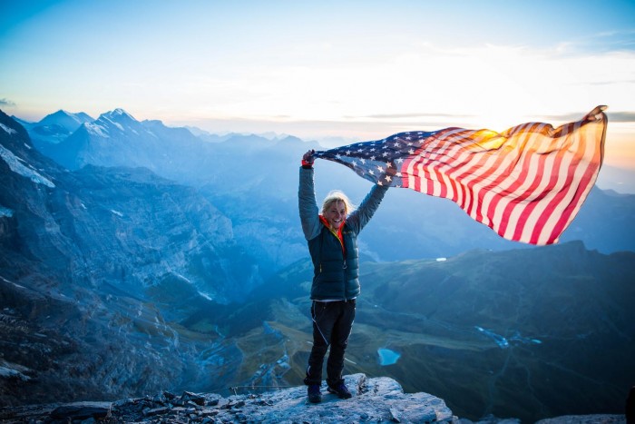 Sasha DiGiulian CC’16 at the Eiger mountain summit. Photo: Mary Mecklenburg