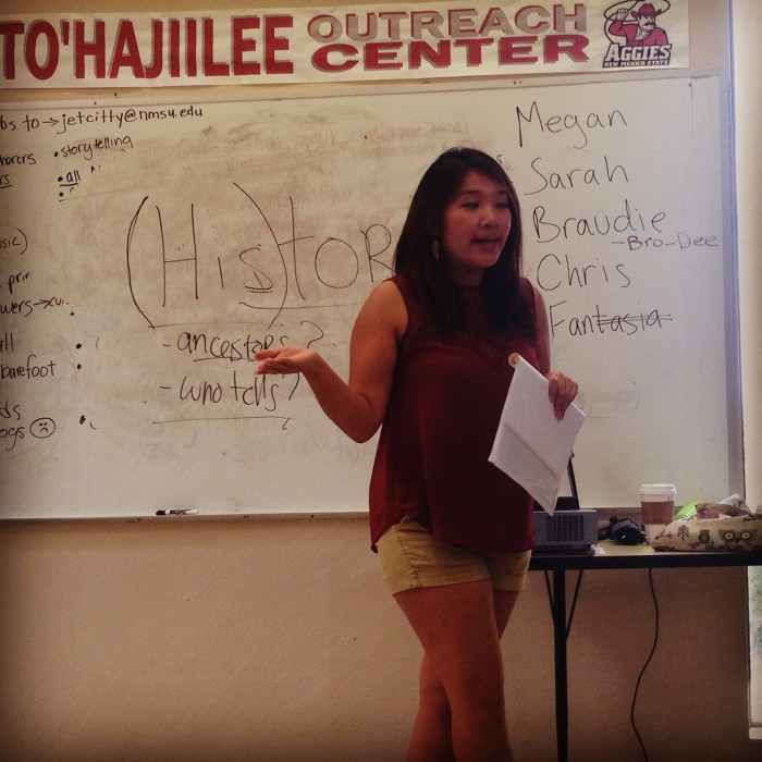 Megan Baker CC’14 leads class discussion at To'hajiilee. Photo: Fantasia Painter CC’13