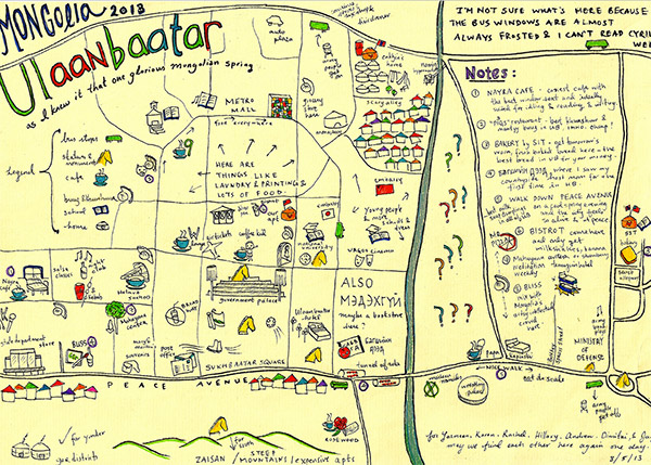 Kening Zhu CC ’14’s map of Ulaanbaatar, the capital of Mongolia.