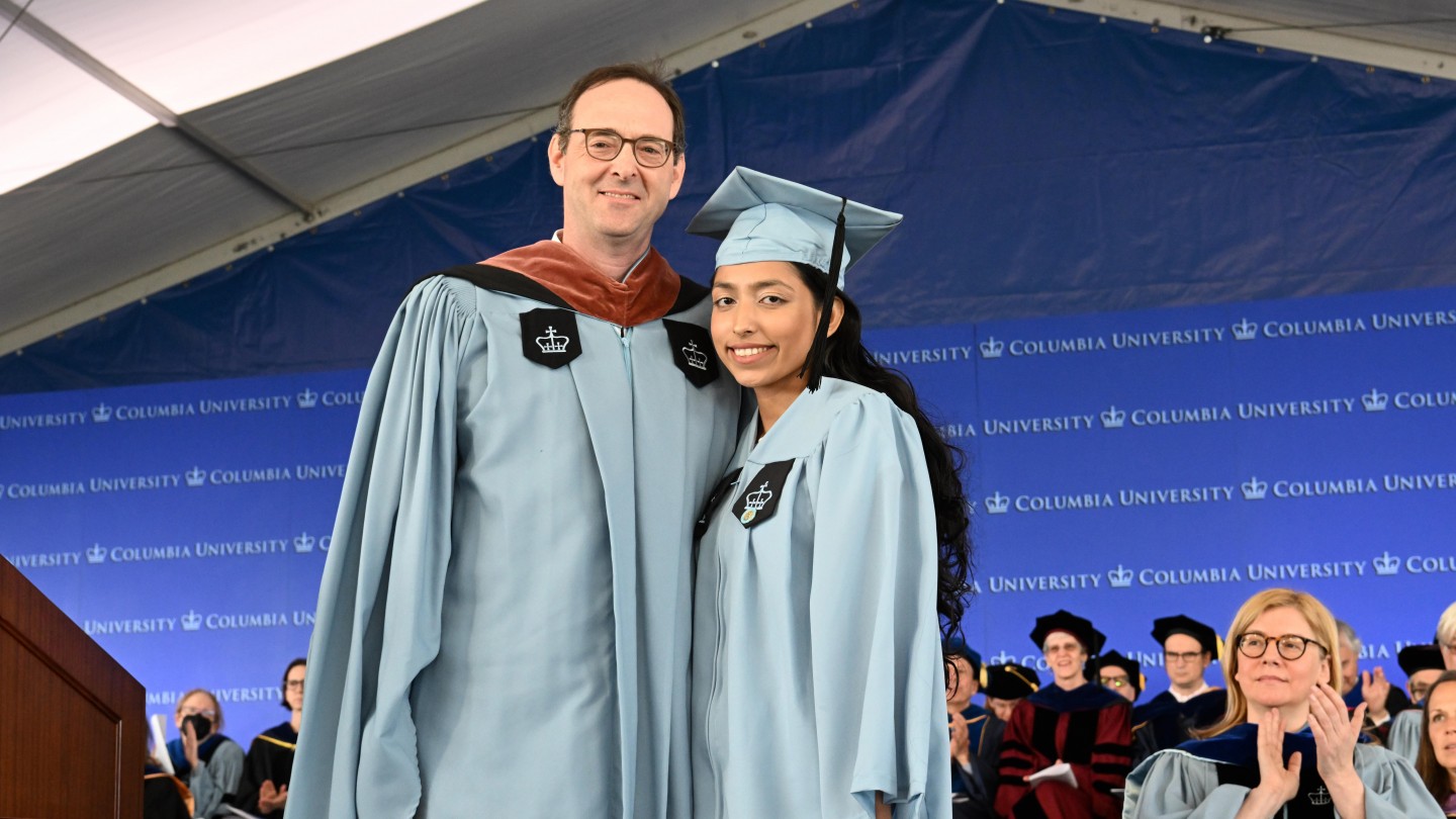 Columbia College Alumni Association chair and former president, Ted Schweitzer CC'91, with 2023 Class Day Student Prize Recipient Sumya Rashid