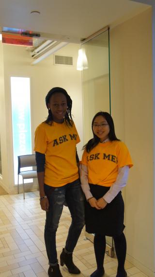 Jiawen Tang ’15 and Aniekeme Umoh ’15E during their CSA peer adviser walk-in hours. Photo: Courtesy of Columbia Student Affairs