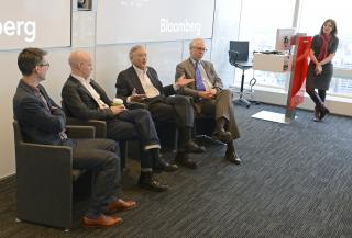 Janet Lorin ’95, ’96J hosted a panel on journalism at Bloomberg headquarters in Midtown on April 4 that featured (left to right) Nick Summers ’05, Jared Sandberg ’90, John Brecher ’73 and Robert Friedman ’69, ’71 GSAS. PHOTO: PETER FOLEY