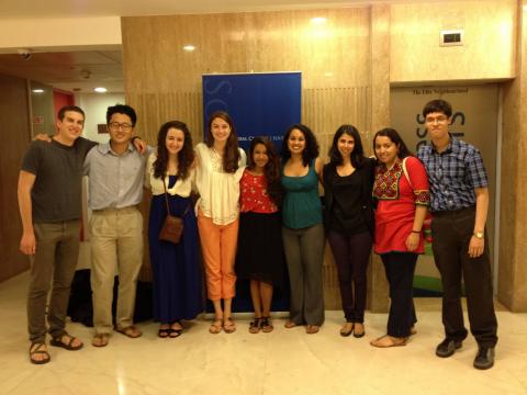 Gathering at the Columbia Global Center in Mumbai were (left to right) Ben Harris ’14, David Kang ’15, Hannah Sotnick ’15, Allison Kammert ’15, Meghna Mukherjee ’15, Srilekha Jayanthi ’11, Anjali Chowfla ’11 SIPA, Doreen Mohammed ’15 and Shrey Chandra ’15. Photo: Courtesy CCE