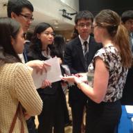 During the Center for Career Education’s Fall Career Fair in Lerner Hall, which attracted more than 2,300 students and alumni, students met with an employer to discuss opportunities at her organization. This career fair, one of numerous career fairs and networking events organized by CCE each year, brought 135 employers to campus. Photo: Katie Taflan