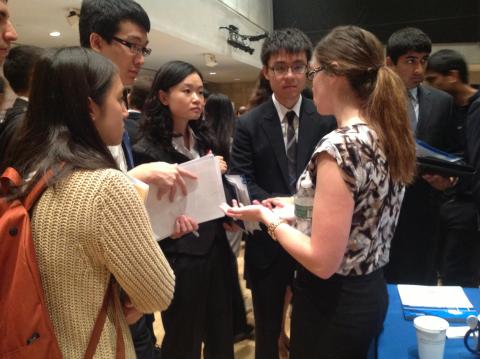 During the Center for Career Education’s Fall Career Fair in Lerner Hall, which attracted more than 2,300 students and alumni, students met with an employer to discuss opportunities at her organization. This career fair, one of numerous career fairs and networking events organized by CCE each year, brought 135 employers to campus. Photo: Katie Taflan