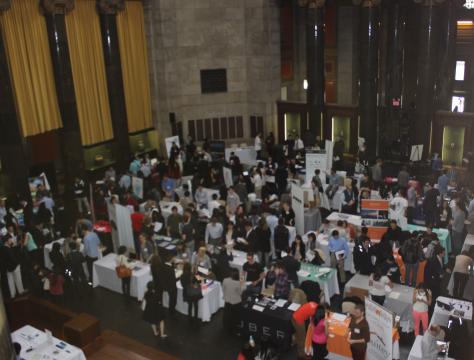 Students and employers filled Low Memorial Library Rotunda for the Center for Career Education’s third annual Startup Career Fair. At this year's event, CCE asked the Columbia Organization of Rising Entrepreneurs (CORE) to play a role in welcoming employers to the fair and assisting them with their setup. CORE is a student organization focused on inspiring, educating and launching the next generation of student entrepreneurs. Photo: Katie Taflan