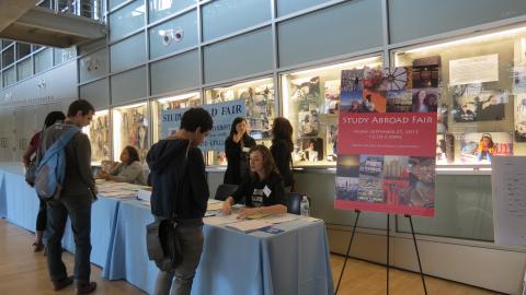 More than 500 students learned about study abroad and fellowships opportunities during the Annual Study Abroad Fair in Lerner Hall. Representatives promoted programming in more than fifty countries. Photo: Sydney Schwartz Gross