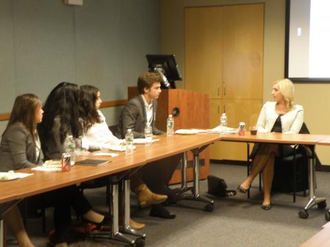 CNN Correspondent Poppy Harlow ’05 talked with students about career paths in broadcast journalism as part of the Center for Career Education's Dinner and Discussion series, which brings alumni back to campus to talk about their careers and experiences with students. Photo: Katie Taflan