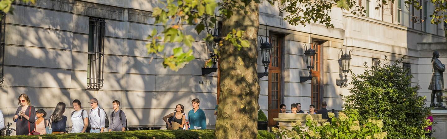 Students under the leaves in front of Hamilton Hall