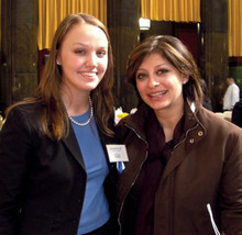 Anastasia Alt ’10 (left) with CNBC Closing Bell host Maria Bartiromo, a keynote speaker at the Fifth Annual Women’s Business Leadership Conference, hosted by the Columbia Women’s Business Society on February 28 in Low Library. PHOTO: Katherine Burke