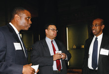 U.S. District Court Judge Joseph A. Greenaway Jr. ’78 (right), former president of the Black Alumni Council, welcomed Ted Johnson ’81 (center) and Greg Weston ’82L to the BAC Heritage Award Reception. Photo: Diane Bondareff