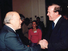 Dean Austin Quigley (right) thanks John W. Kluge ’37, whose pledge of $400 million toward financial aid will help pay for the recently announced initiatives. PHOTO: EILEEN BARROSO