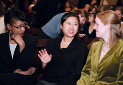 Among those attending Shipman’s talk were (left to right)Dean Michele Moody-Adams, Student Council President Sue Yang ’10 and Isabel Broer ’10.