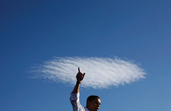 I probably spent half of this rally in Pueblo, Colo., trying to make this shot, as this lone cloud drifted in the distant sky. It doesn’t always work out but it is always a joy when you can take a routine assignment, in bad light, and make a photo that goes beyond the obvious. Obama is not a man of big gestures, so it took quite a while to catch him in the right moment to help complete the visual metaphor. 