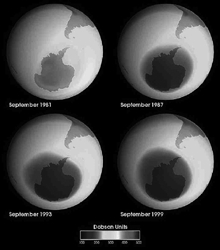 The ozone hole, 1981–99. Antarctica is prominent, and the southern tip of South America is seen in the upper right. Darker gray indicates ozone depletion. 