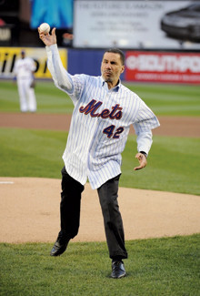 Paterson throws out the first pitch at Shea Stadium last April wearing Jackie Robinson’s number. PHOTO: Marc S. Levine, chief photographer, N.Y. Mets