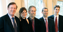 Quigley says involving many constituencies and building a strong senior staff have paved the way to collective achievements. Clockwise from top left, Quigley with faculty members Sheldon Pollack (center) and Samuel Moyn (second from right) at the 2007 Van Doren-Trilling awards ceremony PHOTO: DANIELLA ZALCMAN ’09