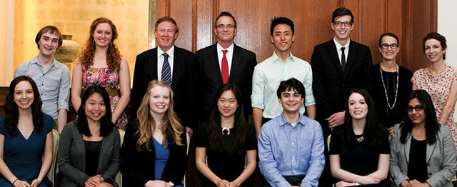 Dean James J. Valentini with Austin E. Quigley (third from left), recipient of the Mark Van Doren Award for Teaching; Kim Benzel GSAS’13 (second from right), associate curator with The Metropolitan Museum of Art, who accepted the Lionel Trilling Book Award on behalf of Zainab Bahrani; and members of the Columbia College Student Council’s Academic Awards Committee. PHOTO: CHAR SMULLYAN GS’98
