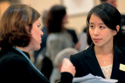 Senior Executive Director of Alumni Affairs Bernice Tsai '96 (right) with Laura Lopez '92, a member of the executive committee of the Alumni Association Board of Directors. Photo: Eileen Barroso