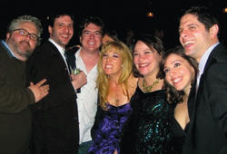 Varsity Show alumni Yorkey; Noah Cornman ’96; Matt Eddy ’94; Joy Gorman ’96 Barnard; Rita Pietropinto-Kitt ’93, ’96 Arts; Laura Pietropinto ’00; and Kitt celebrate at the after-party following the Broadway opening of Next to Normal.