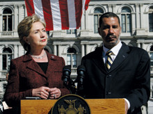 Sen. Hillary Clinton and Paterson honored firefighters who lost their lives in the line of duty at the Fallen Firefighters Memorial in Albany in October. PHOTO: Judy Sanders, Office of the Governor