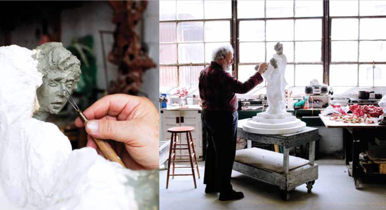 A close-up on a sculpted face in-progress and a larger view of the sculptor at work