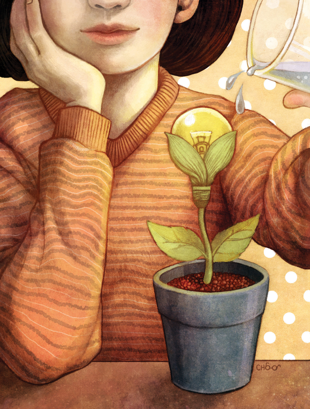 Illustration of person watering a plant that flowers into a lightbulb