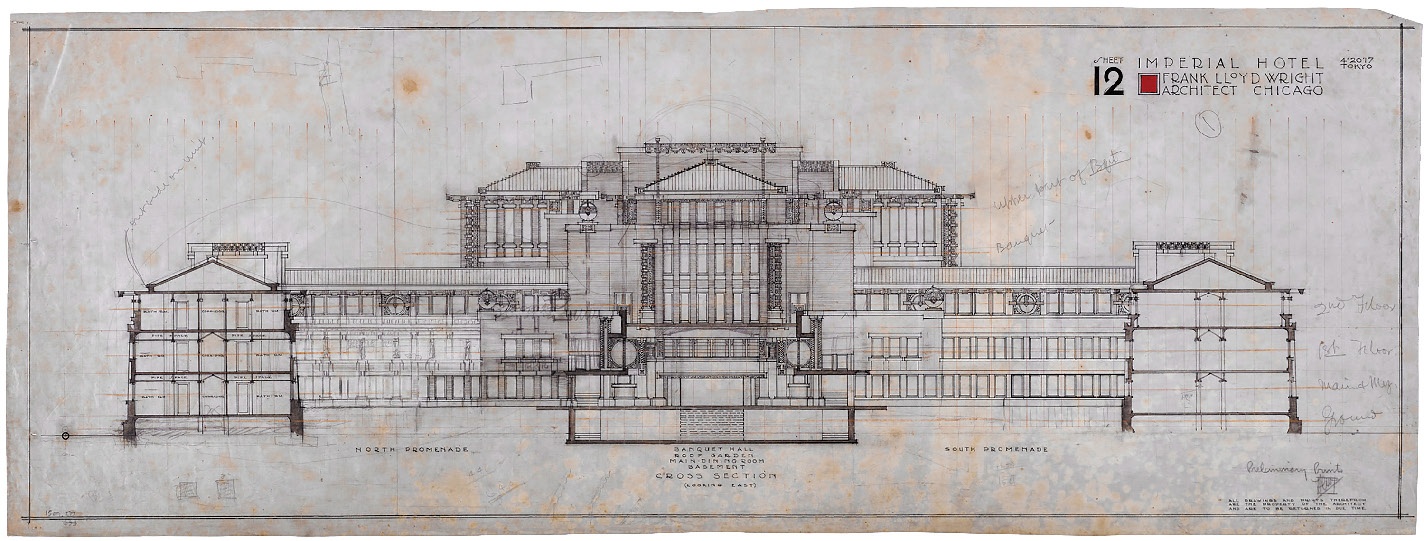 A blueprint sketch of the facade of the Imperial Hotel, designed by Frank Lloyd Wright.