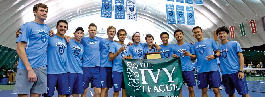 Members of Columbia's Men's Tennis Team pose together, having won the 14th Ivy League Title.